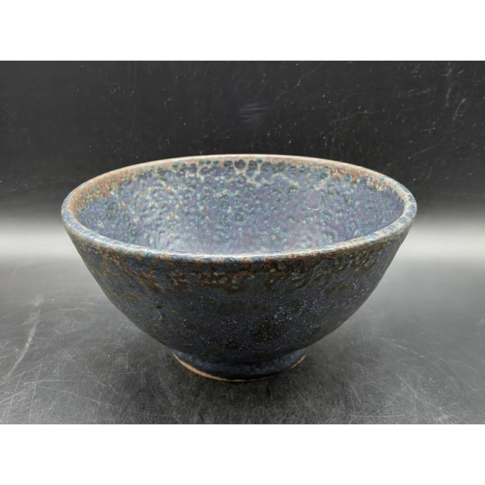 Handmade Studio Pottery Crystalline Glaze Bowl Purple Blue Indigo Footed 6.5"